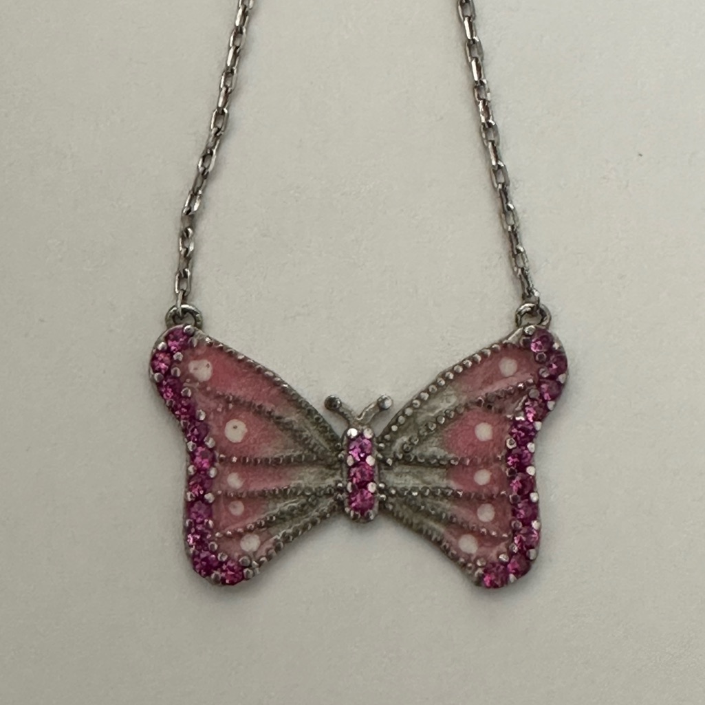 925 Silver Butterfly Necklace Cz Stones And Pink White Handmade Enamel